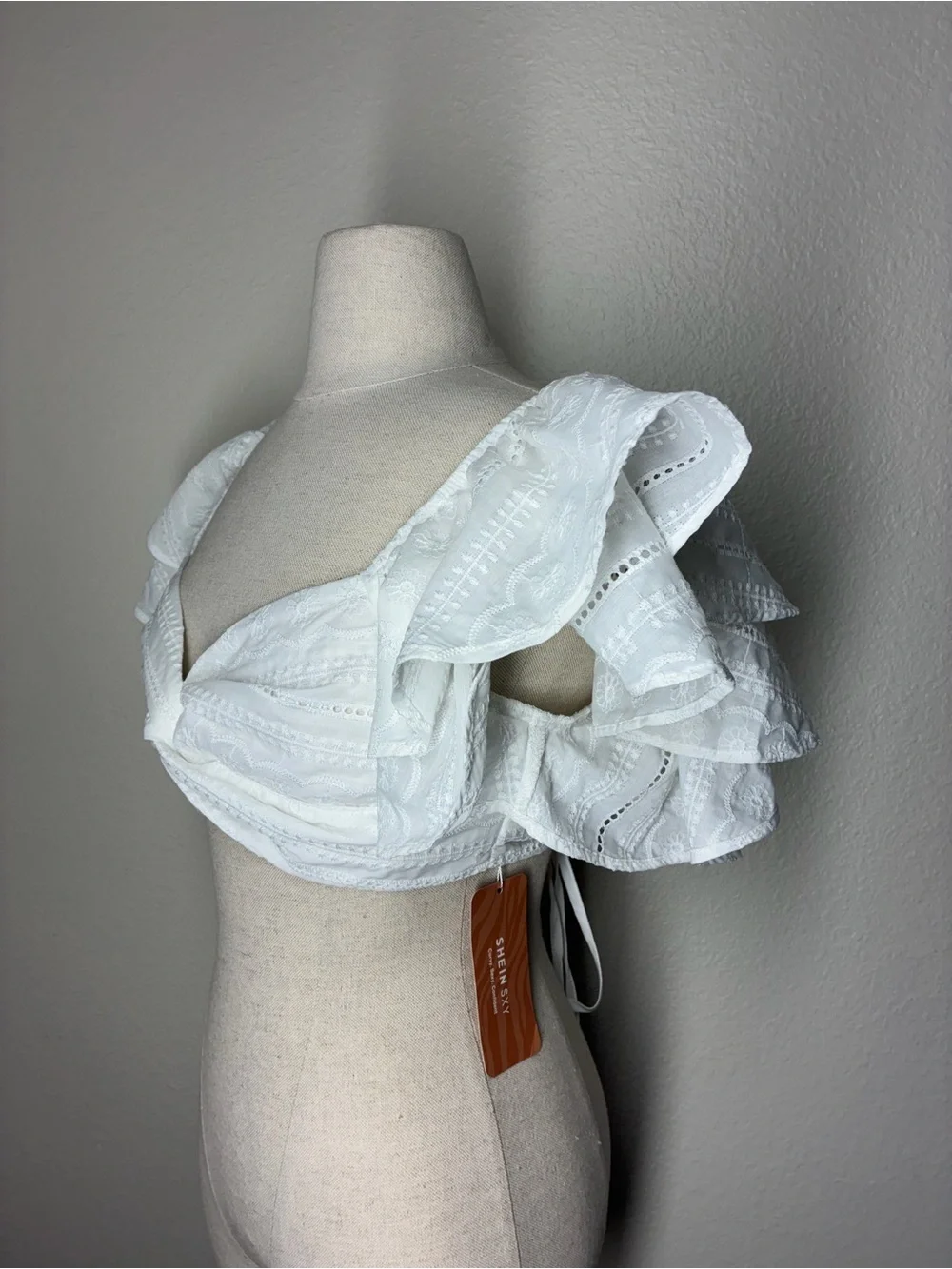 NWT SHEIN White Eyelet Crop Top with Flutter Sleeves, size 6